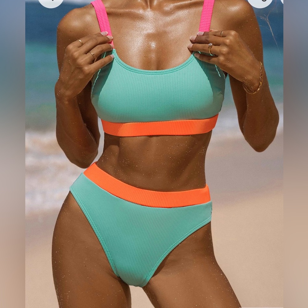 Cupshe Rib Neon Colorblock Scoop Neck Top & Hipster Bikini Set
